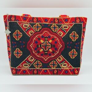 Vintage Women's Large Red Beaded Handbag Tote Multicolored